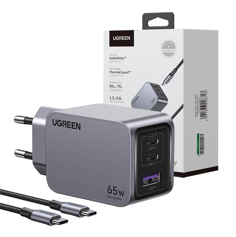 Ładowarka sieciowa Ugreen Nexode Pro, USB + 2x USB-C, 65W + kabel USB-C 1.5