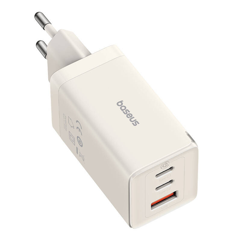 Ładowarka sieciowa Baseus GaN5, 2x USB-C + USB, 65W + kabel 1m (biała)