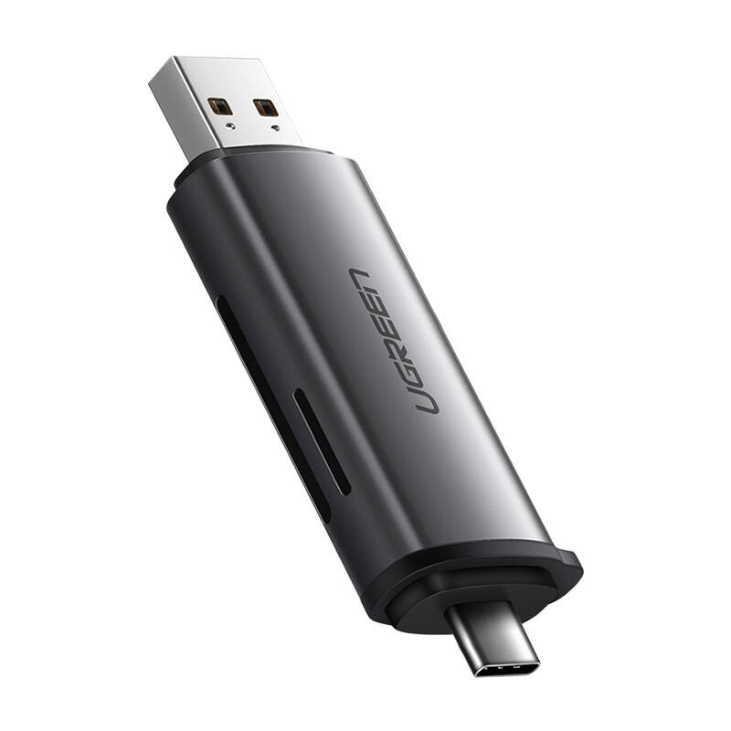 Adapter USB + USB-C UGREEN  CM185 czytnik kart SD + microSD (szary)