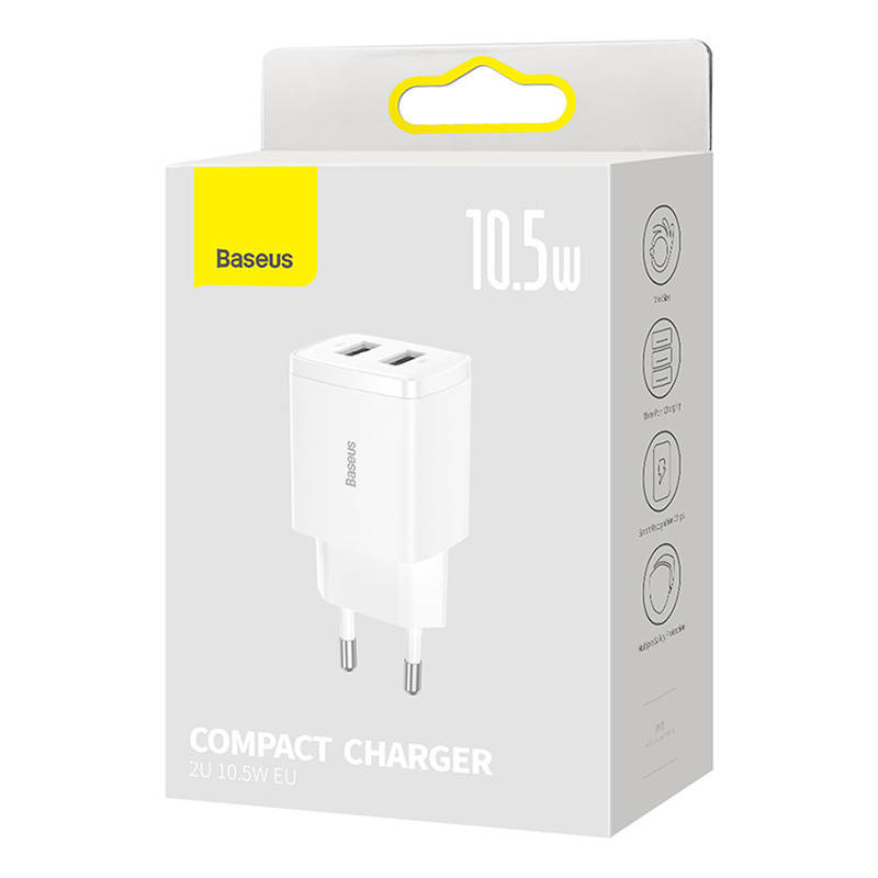 Ładowarka sieciowa BASEUS Compact Quick Charger 10.5W 2xUSB-A (biała) 5
