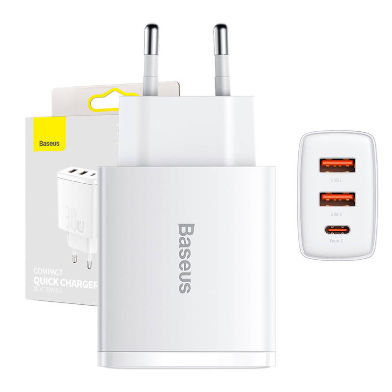 Ładowarka sieciowa BASEUS Compact Quick Charger 30W 2xUSB-A USB-C (biała)