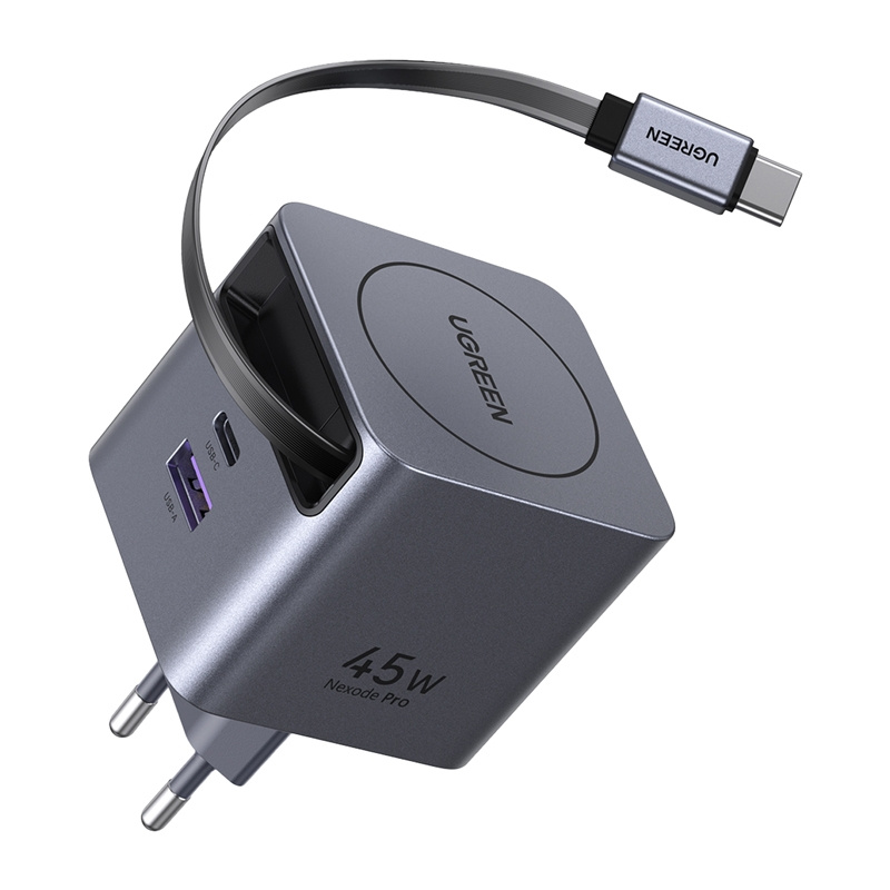 Retractable GaN Charger Ugreen X614, 45W, with USB-C Cable + USB-A Port (Gray) 3