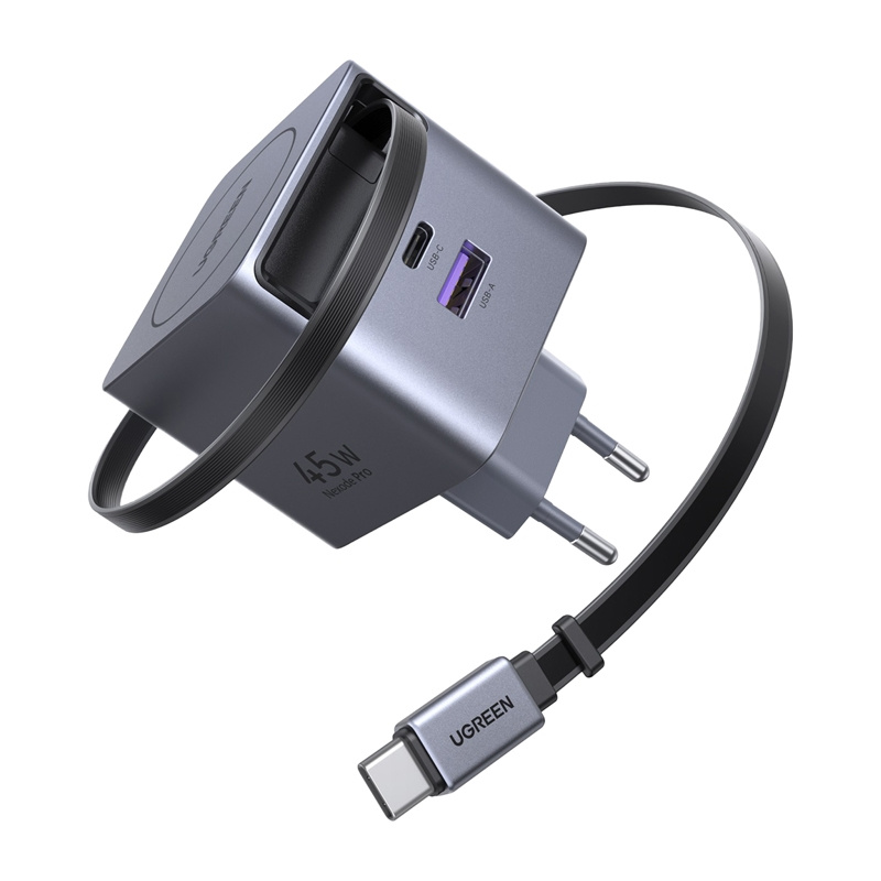 Retractable GaN Charger Ugreen X614, 45W, with USB-C Cable + USB-A Port (Gray)