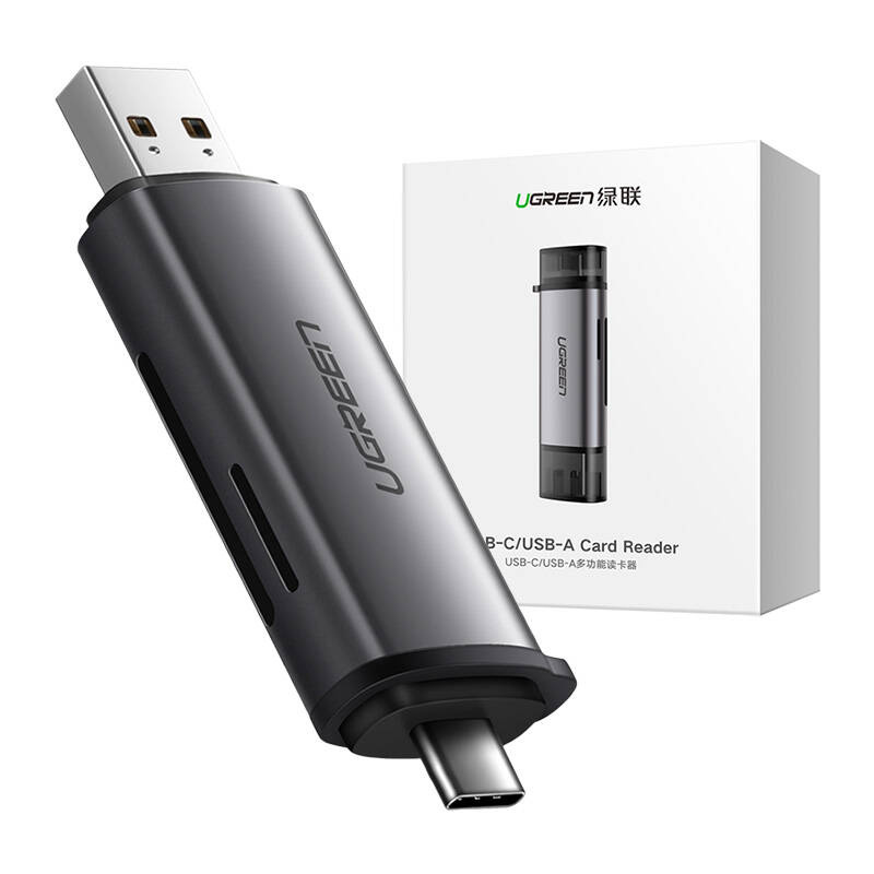 Adapter USB + USB-C UGREEN  CM185 czytnik kart SD + microSD (szary)