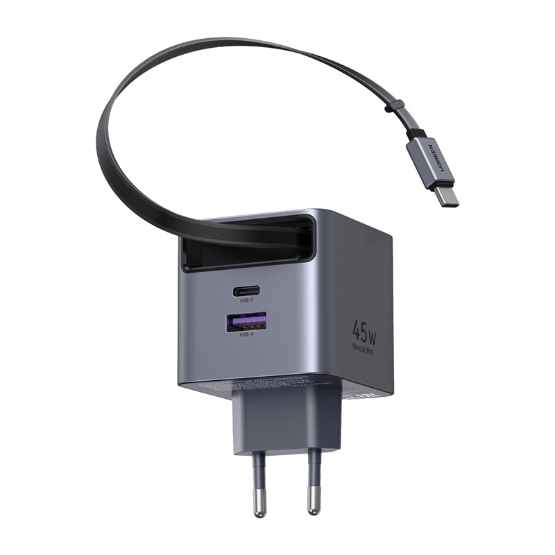 Retractable GaN Charger Ugreen X614, 45W, with USB-C Cable + USB-A Port (Gray) 2