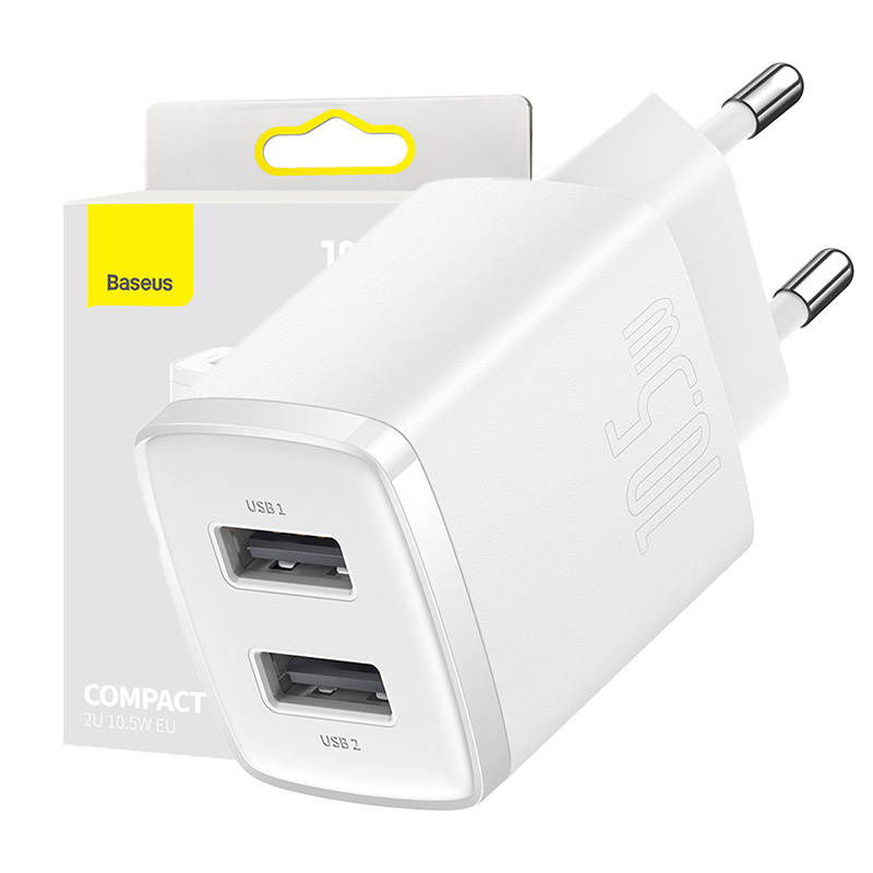Ładowarka sieciowa BASEUS Compact Quick Charger 10.5W 2xUSB-A (biała)
